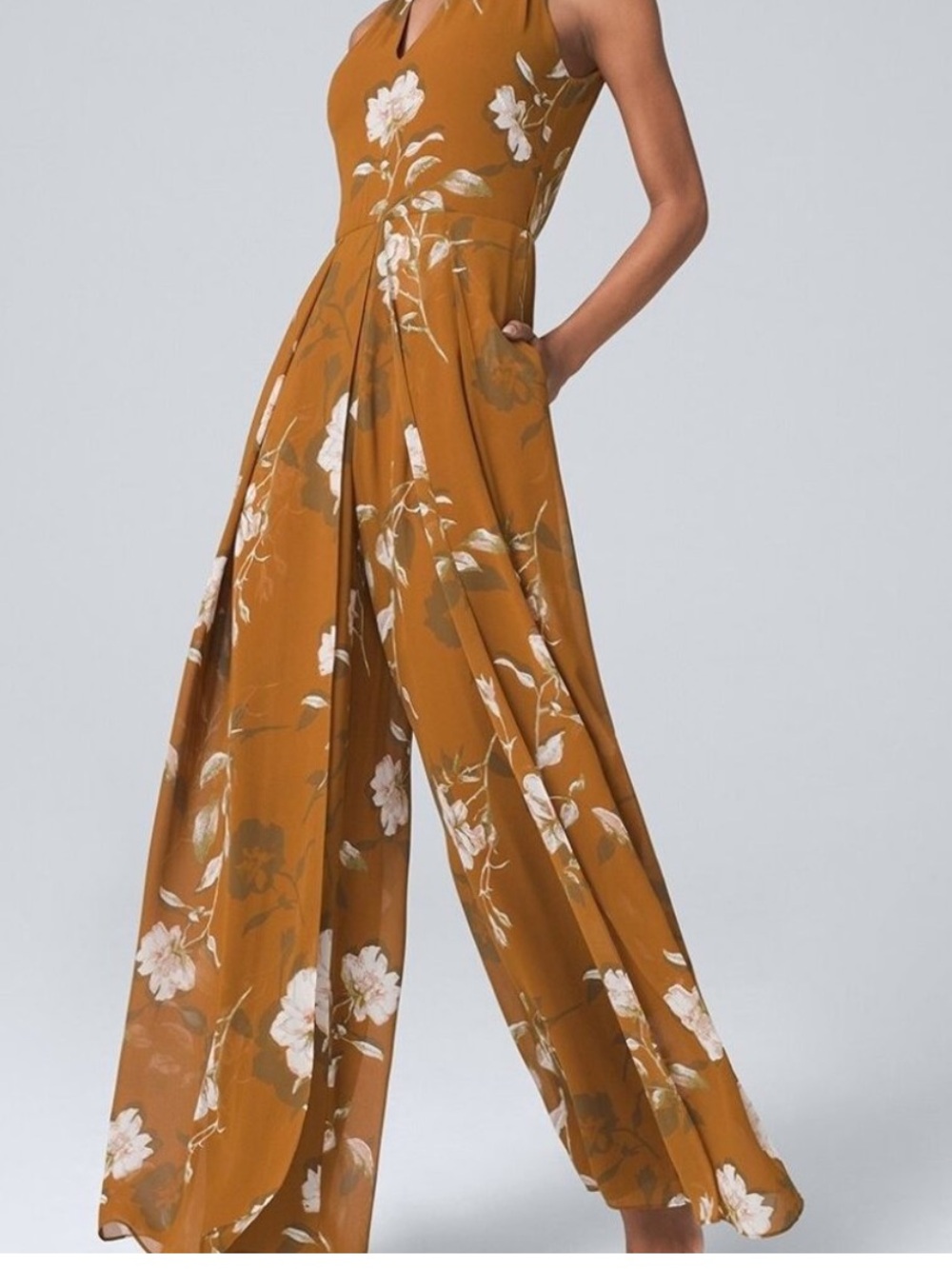 White House Black Market Size 16 Floral Wide Leg Jumpsuit Brown Boho Palazzo